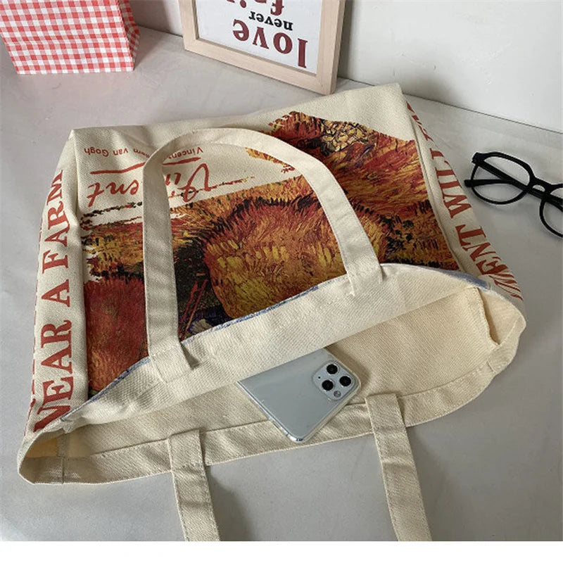 Canvas Large Shoulder Art Oil Painting Handbag